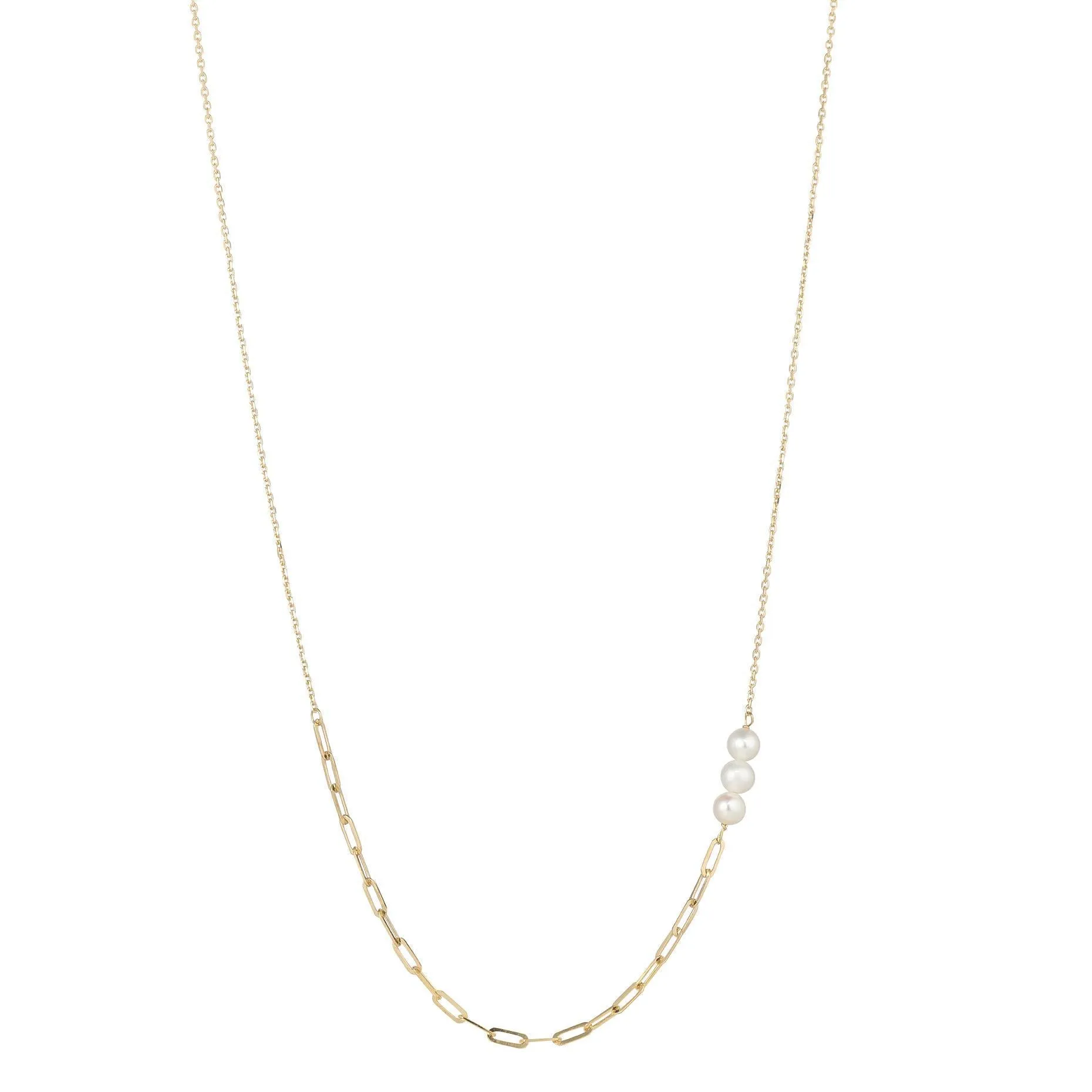 9kt Gold Three Round Pearl Paperclip & Fine Chain Pendant Necklace