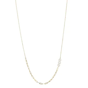 9kt Gold Three Round Pearl Paperclip & Fine Chain Pendant Necklace